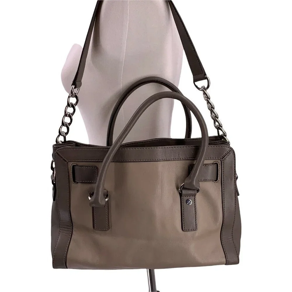 Michael Kors Taupe and Gray Leather Hamilton Silver Lock Satchel Large Handbag